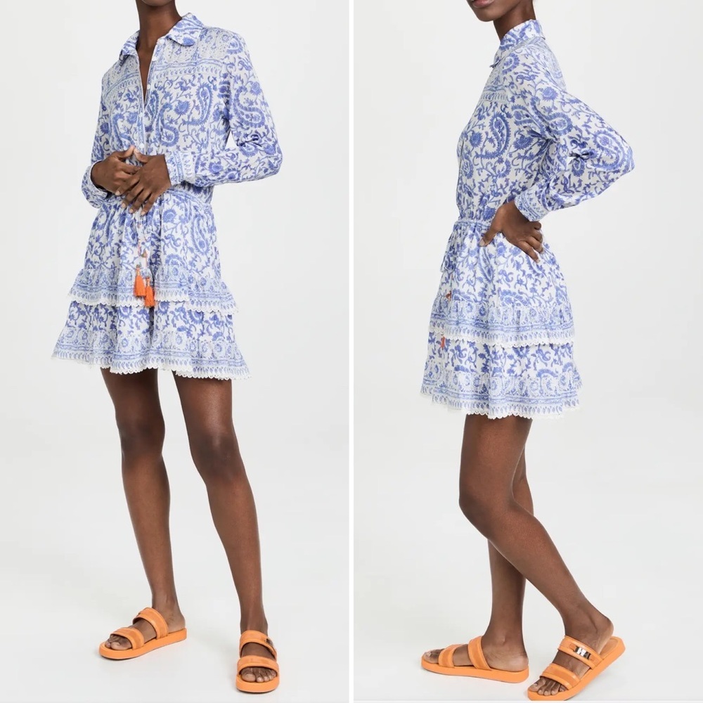 Alicia Bell Blake Long Sleeve Collared Mini Dress Blue White Block Print, Small
